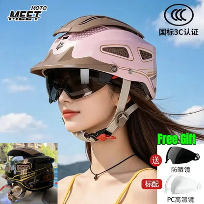 Electric Motorcycle Helmet Breathable Sun Protection Double Lens Safety Helmet Cooling and Rainproof Equipment