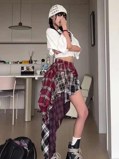 Y2K Women's Skirt Irregular Plaid Patchwork Large Size Summer Spice Girl Design A-line Skirt Trendy Pleated Streetwear Harajuku