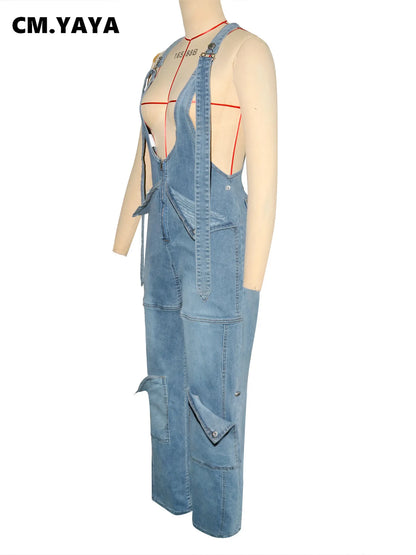CM.YAYA Women Safari Style Ripped Out Multi Pocke Wide Leg Overalls Denim Pants 2024 Summer Street Fashion Cargo Jeans Trousers
