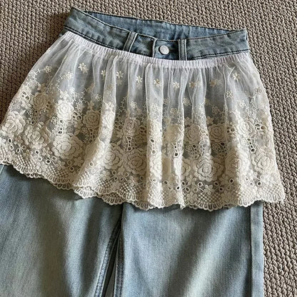 Women High Waist A-Line Flounce Short Skirt Butt Curtain Y2K Streetwear Layered Half Skirt Lace Trim Bottom Cover Skirt Fake Hem