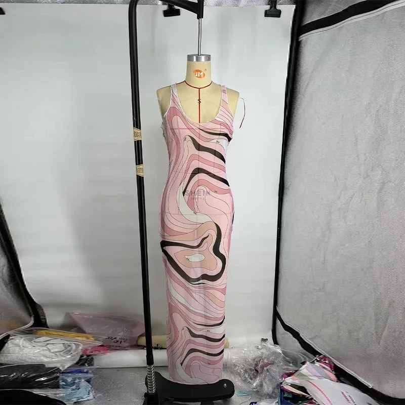 Fashion Mesh Print Long Dress For Women O-neck Sleeveless Hip Package Transparent Slim Robes 2025 Summer Female Beach Dresses