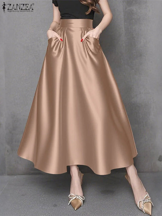 Fashion Women High Waist Party Skirt 2025 ZANZEA Summer Satin Jupe Elegant A-line OL Work Faldas Saia Stylish Maxi Long Skirts