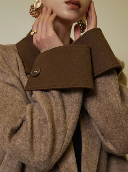 Panelled Patchwork Pockets Woolen Overcoat Women Vintage Turn-down Collar Long Sleeve Double Breasted Coats New Autumn Lady Tops