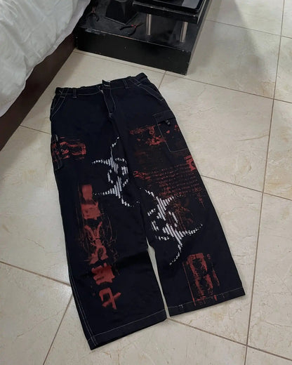New Cyberpunk Jeans Mens American Y2K Red Graphic Street Goth Baggy Wide-Leg Pants Harajuku Hip-Hop Straight Pants