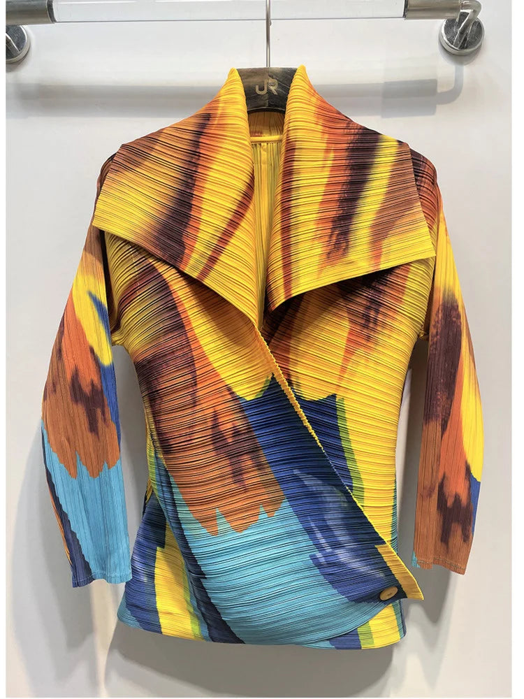 GVUW Pleated Color Block Jacket Coat Women's 2025  Autumn Lapel Long Sleeve Single Button Loose Female Fashion Top 17D1331