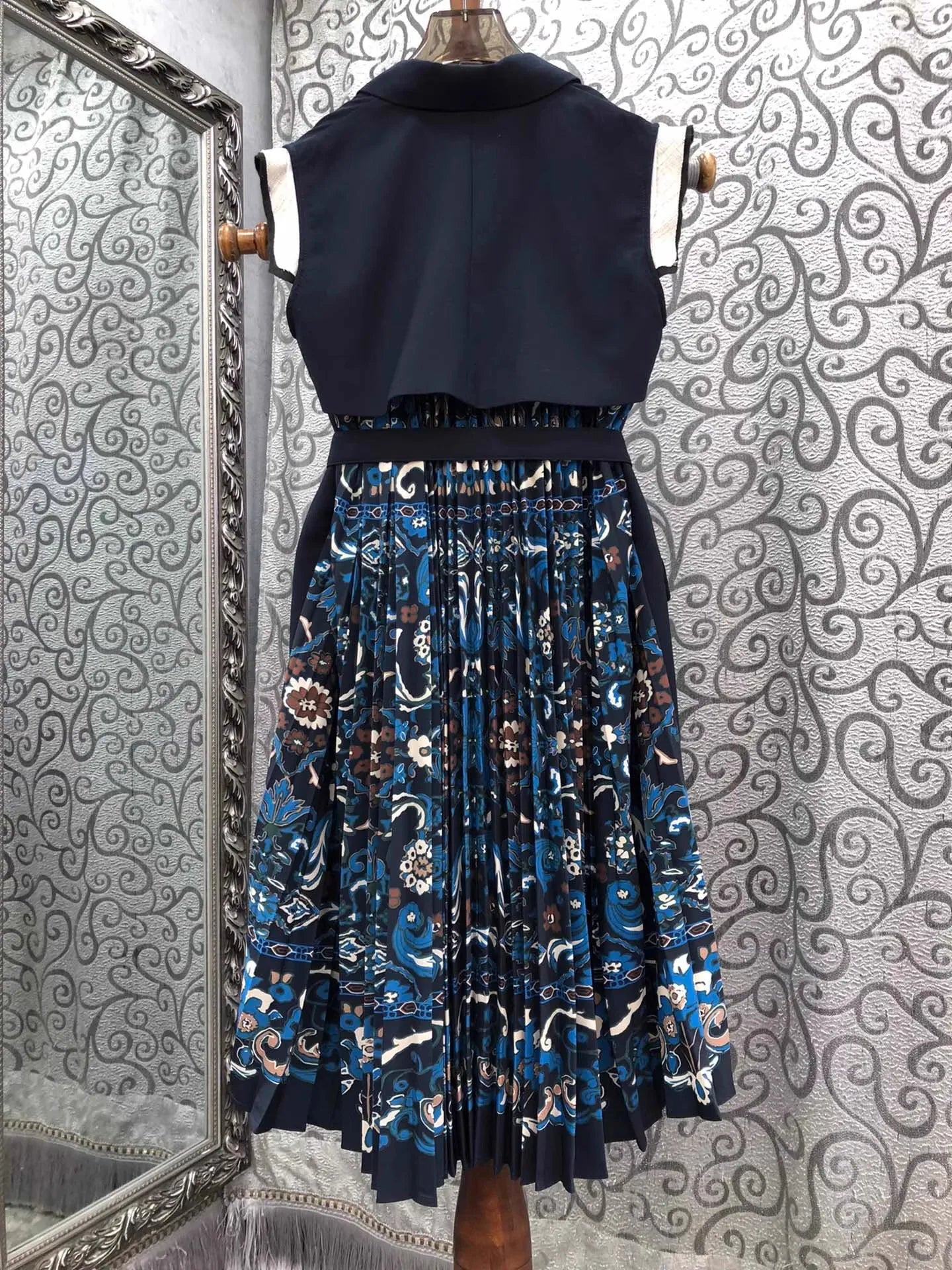 Top Quality New Blazer Dress 2025 Autumn Winter Women Notched Collar Vintage Floral Print Patchwork Belt Deco Dark Blue Dress