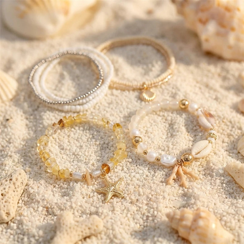 Cute Coral Starfish Shell Multi-Layer Bracelet for Women Ocean Series Fashion Stackable Beaded Jewelry Accessories