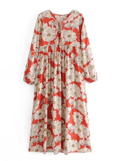 Ethnic Multi Floral Print Vintage Chic Women Long Sleeve Tie Neck Beach Bohemian Maxi Dresses Ladies Rayon Boho Dress Vestidos