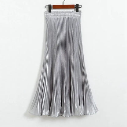 Women's Fashion Pleated Mermaid Long Skirt Korean Style Casual High Waist Satin Flowy Skirts Shiny 19 Colors 2024 Spring SK500