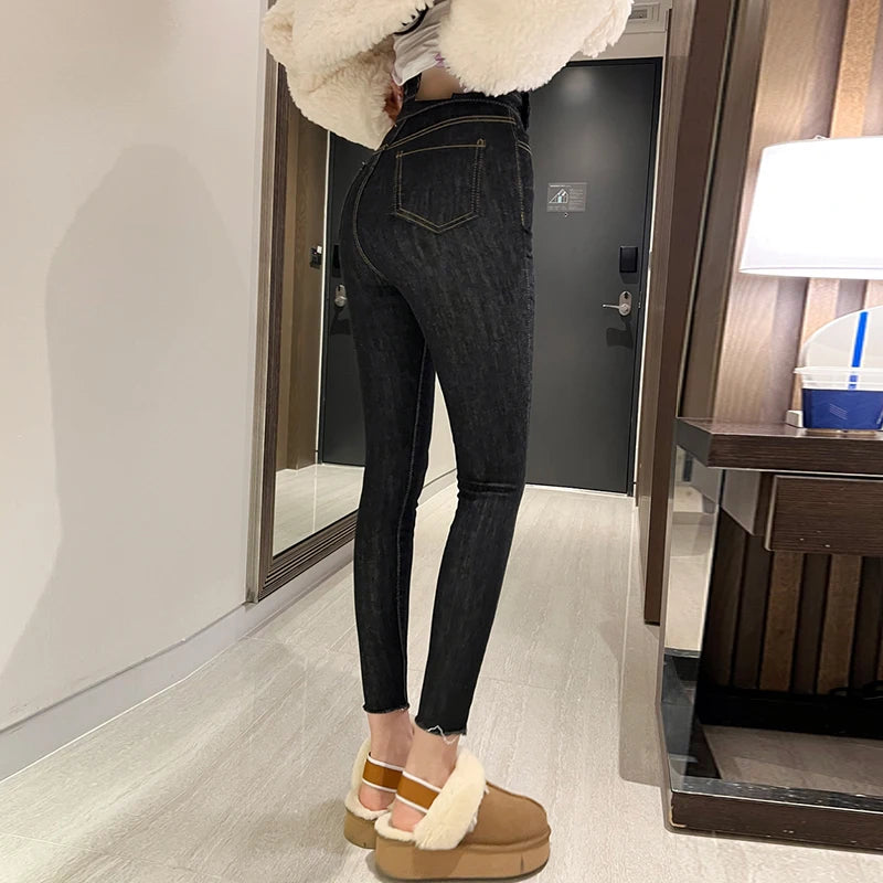 Slimming High Waist Elastic Design Chic Autumn Winter Women's Jeans Skinnypants French Sle Pure Color Spring Autumn Suitable