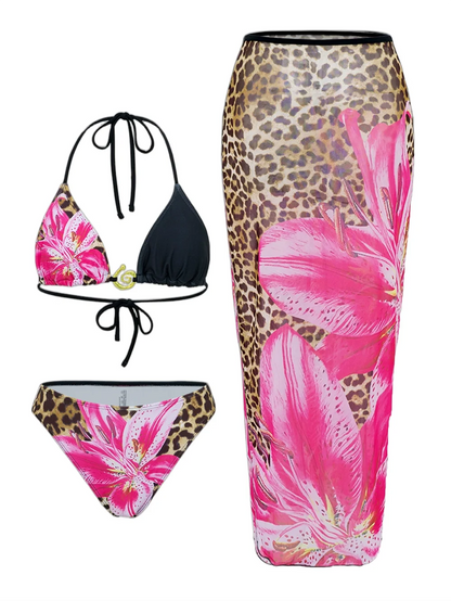 2025 New Flower Print Bikini Set Women's High Waist Long Skirt 3 Piece Swimsuit Sexy Mini Triangle Backless Thong Bathing Suit