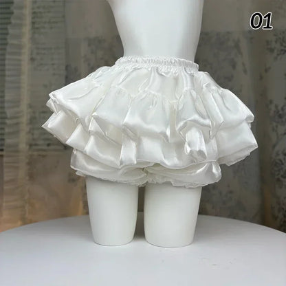 Sweet Elastic Waist Short Skirt Chic Ruffle Cake Princess Satin Puffy Skirt