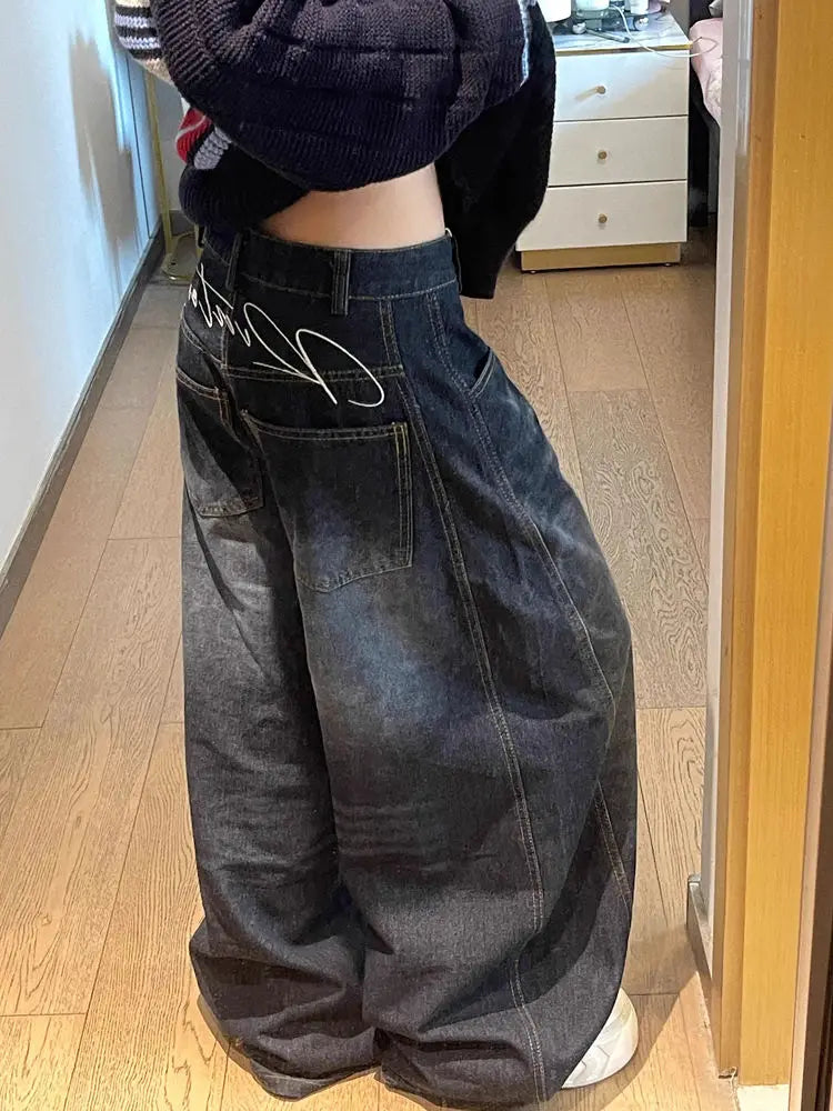 Womens Jeans High Waist Vintage Design Hip Hop Straight Baggy Denim Pants Street Y2K American Style Wide Leg Denim Trouser