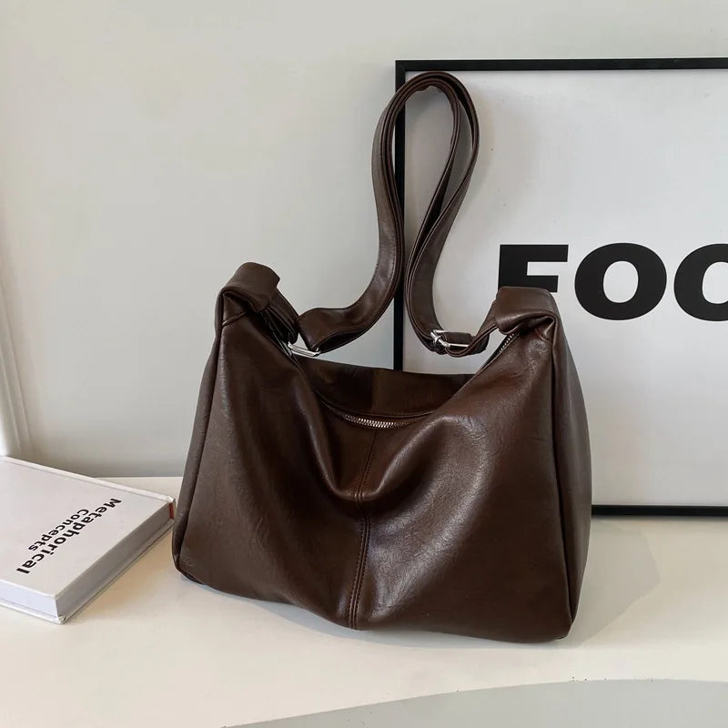 HOMEFISH Leather Commuter Vintage Casual Tote Bag Maillard Stylish Crossbody Bags for Women Texture Large Capacity Temperament