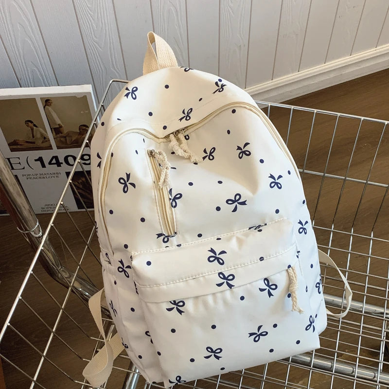 For Daily Use Back To School Season Playful Bow Print Quilted Backpack with Multi Pocket Adjustable Straps Large Capacity