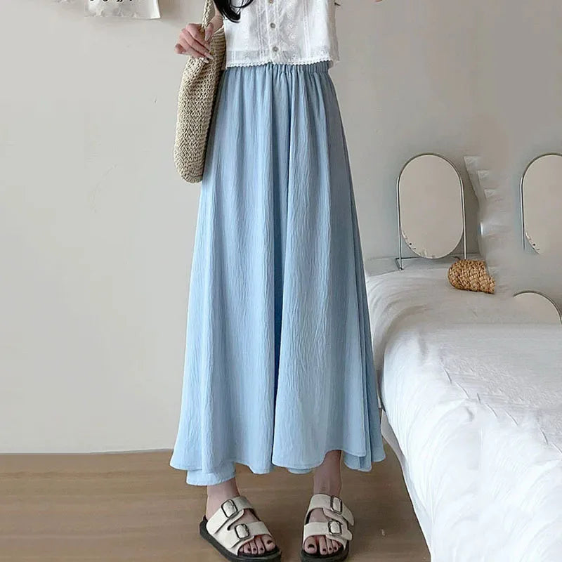 2025 New Women's High Elastic Waist Long Skirts Summer Solid Casual Loose Pleated Maxi Skirt Fashion Streetwear Big Swing Skirts