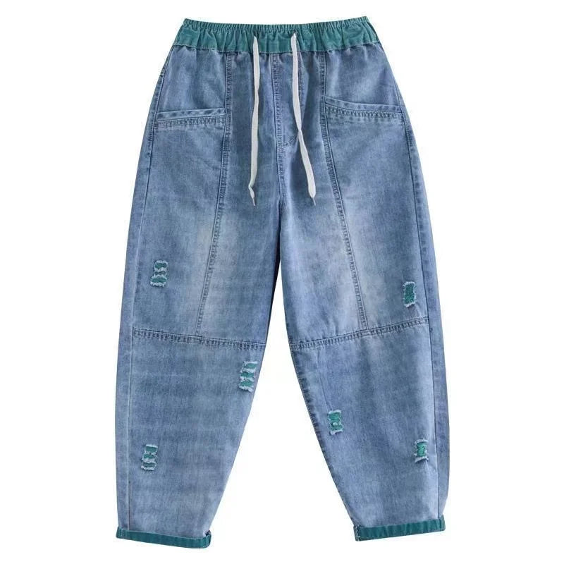 Ripped Splice Baggy Ankle-Length Harem Jeans Women Elastic High Waist Denim Pant Casual Vaqueros Blue Trousers Korean Pantalones