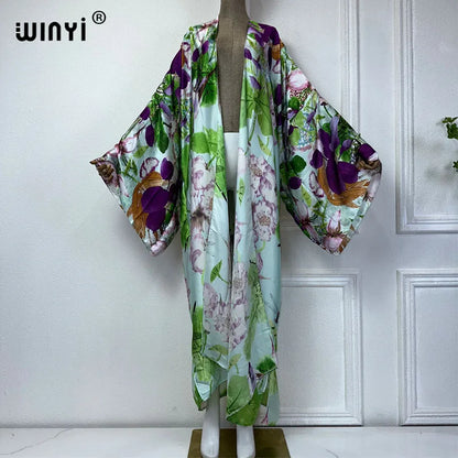 2024 WINYI Summer print Beach Wear Swim Suit elegant Africa women boho Cardigan sexy Holiday long Sleeve Kimono fashion abaya