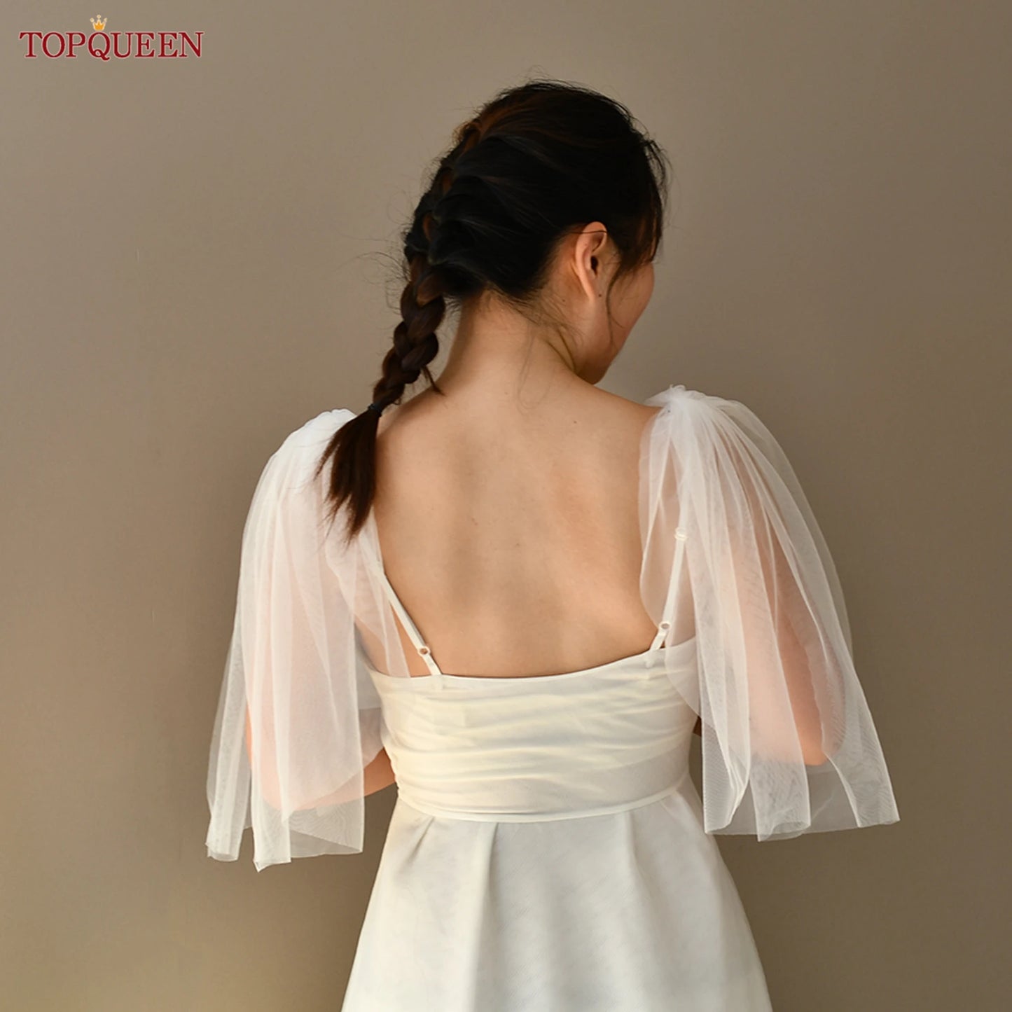 TOPQUEEN VG40 DIY Mini Shoulder Veil Wedding Veil Short Bride Jackets Bolero with Sleeves Bridesmaid Dress Decoration Evening