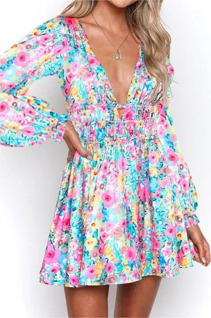 New Backless Sexy Women Mini Dress Sleeveless V Neck Backless Flower Print Summer Club Party Dress Sundress Streetwear S M L