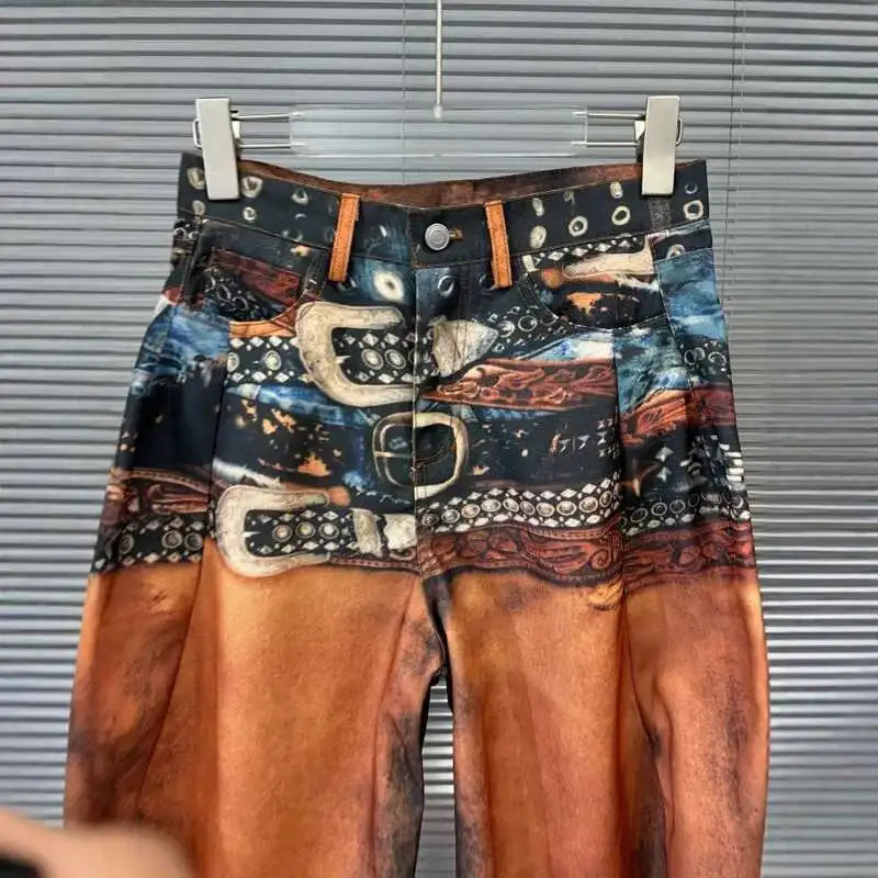 DEAT Fashion Women's 3D Printing Retro Color Painting Jeans High Waist Contrast Color Denim Pants Female Trendy New 11A03696