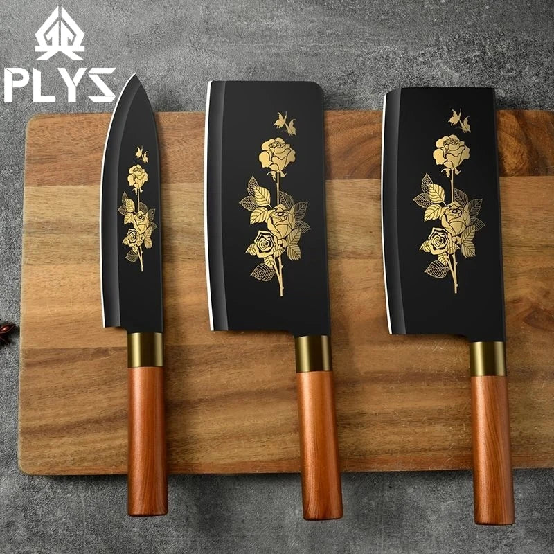 Deluxe Gold Titanium Plated Blade Fruit and Vegetable Chopper Deluxe Stainless Steel Kitchen Knife Professional Cooking Gear