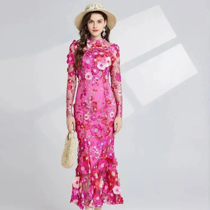 Designer Summer Autumn Flower Embroidery Lace Prom Evening Dress Women Mesh Tulle Bodycon Pencil Long Sleeve Midi Dresses Party