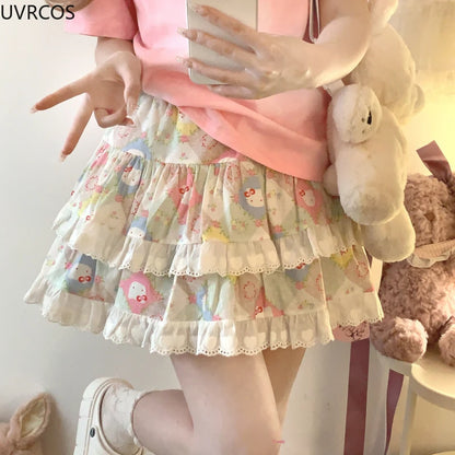 Korean Fashion Sweet Lolita Style Mini Skirt Women Cute Cat Print Layered Lace Cake Skirts Girly Japanese Kawaii Y2k Short Skirt