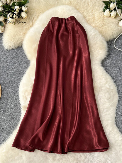 SINGREINY Senior Solid Satin Skirt Elastic Waist 2025 Newest Frence Elegant Women Fashion Basics Office Lady Skinny Midi Skirt