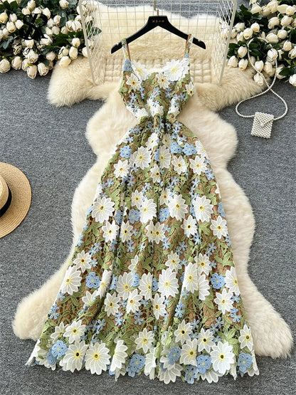 SINGREINY Embroidery 3D Floral Dress Women Sleeveless Hook Flower Hollow Backless Dress 2025 Light Luxury Elegant Long Sundress