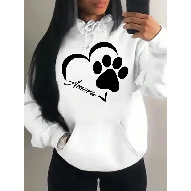 Love And Little Cat Foot Creative Print Women Hoody Fashion Autumn Sweatshirt Pocket Hoodie Sport Style Comfortable Pullover