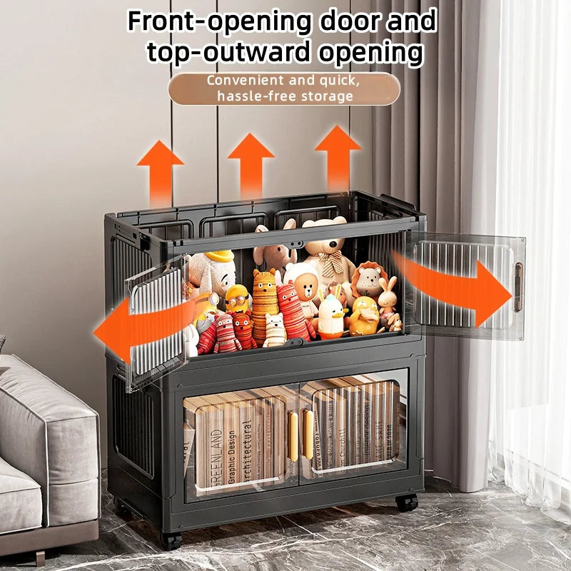 Foldable Clear Double-Door Storage Cabinet Large Space-Saving Mobile Organizer Dustproof Moisture-Proof for Kitchen Living Room