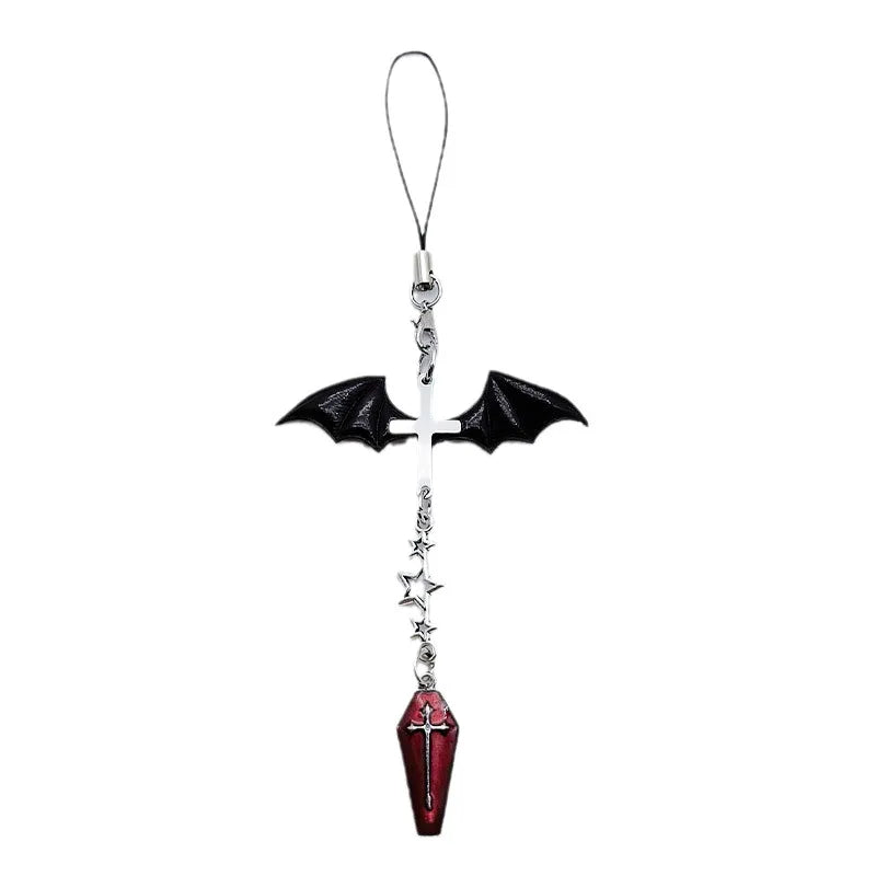 Black Punk Y2K Phone Pendant Chain Keychains Cool Girl Beaded Charm with Cross Coffin Grave for Phone Camera Bag Pendant