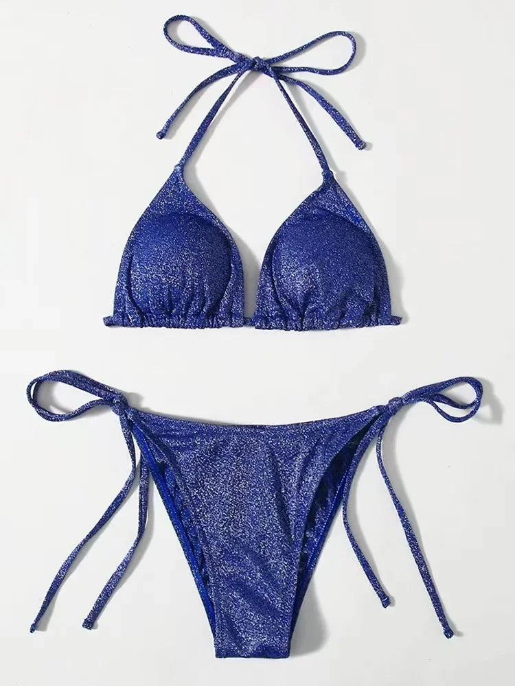2025Sexy Bikini Set Shiny Triangle Bikinis Bandage Swimsuit Women Two Piece Swimwear Summer Biquini New Beachwear Push Up Bikini