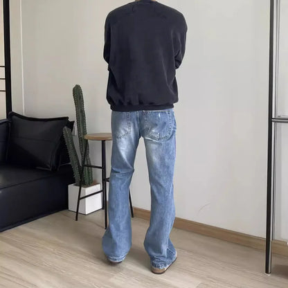 2024 American Style Vintage Light Blue Wash Distressed Jeans Men's Clean Fit Mid Waist Hip Hop Slim Fit Denim Pants