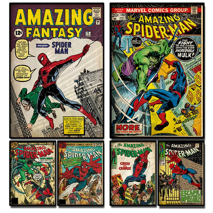 Retro Marvel Super Hero Decorative Painting Anime Spider Man Art Poster American Film Mural Home Childrens Room Wall Decor Print