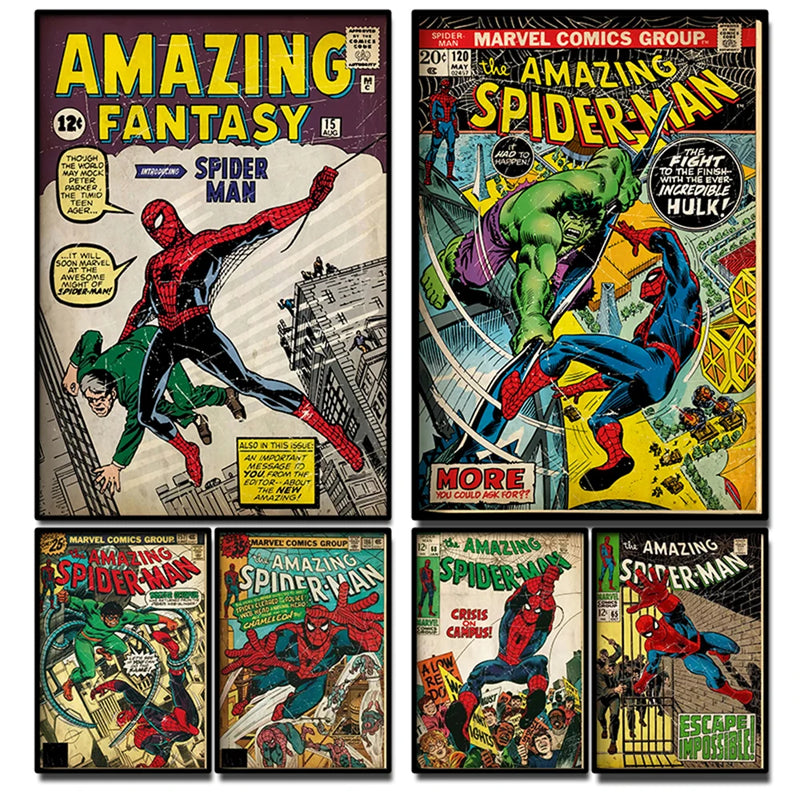 Retro Marvel Super Hero Decorative Painting Anime Spider Man Art Poster American Film Mural Home Childrens Room Wall Decor Print