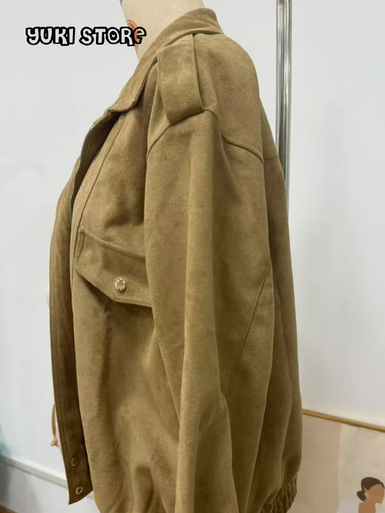 Chic Suede Bomber Jackets Women Loose Lapel Zipper Long Sleeve Pockets Female Coats 2025 Autumn Lady Commute Outwear New