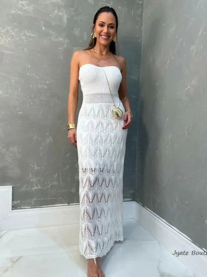 2024 Summer Hollow Out Bandeau Dress Sexy Women Bikini Cover-ups See Through Maxi Dress Lady Solid Swimsuit Beach Party Dress