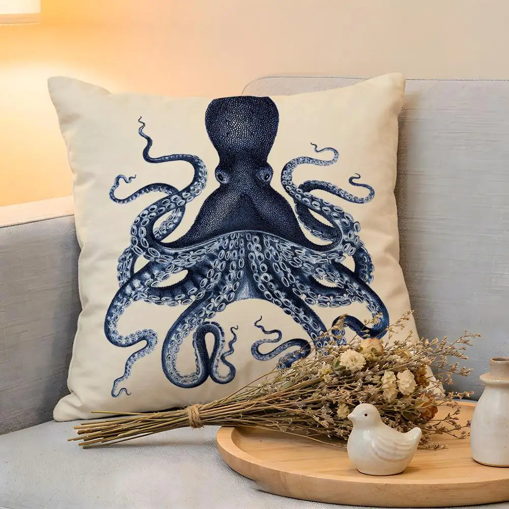 Cushion Cover  Linen  Skin-Friendly Soft Decorative Case For Sofa Home Decor Blue Sea Creature Coral Shrimp Pillow cover