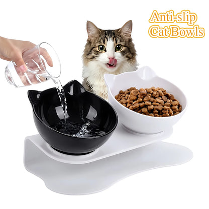 Cute Cat Ear Double Bowls for Cats Food and Water Raised Stand Kitten Feeding Bowl Cervical Protection Anti-Slip Pet Supplies
