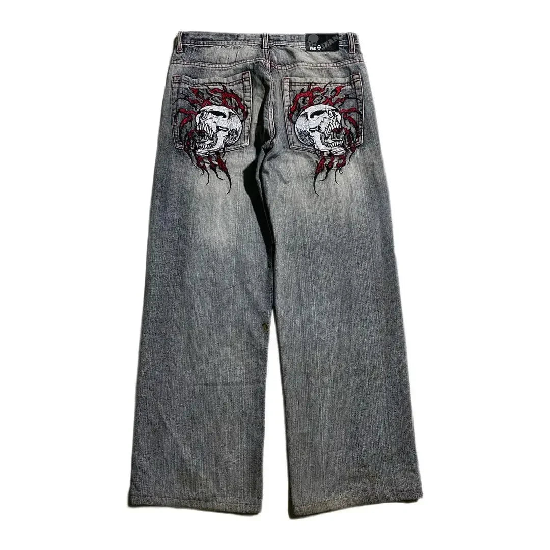Y2K Baggy Jeans Women Cartoon Characters Embroidered Light Blue Washed Denim Jeans Harajuku Goth Skateboard Pants Street Clothes