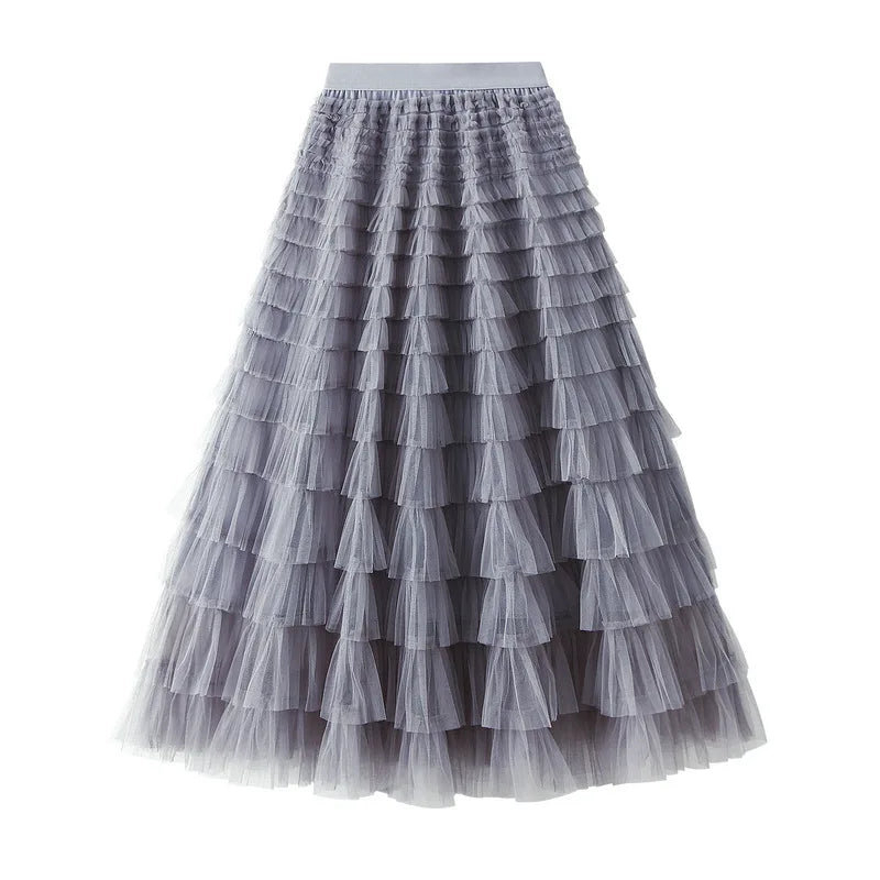 New Arrival 2025 Tulle Cake Long Skirt Women Spring Summer Ruffle Pleated A-Line Chic Skirt Ladies Sweet Black White Tutu Skirts
