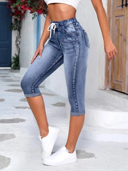 Women'S Vintage Denim Pants Summer High Waist Slim Fit Drawstring Waistband Capri Pants Streetwear Jean Short Pants Collant