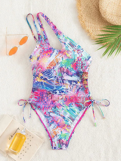 Women's Colorful Printed One-Shoulder Side Drawstring Swimsuit, Beach Bikini, New
