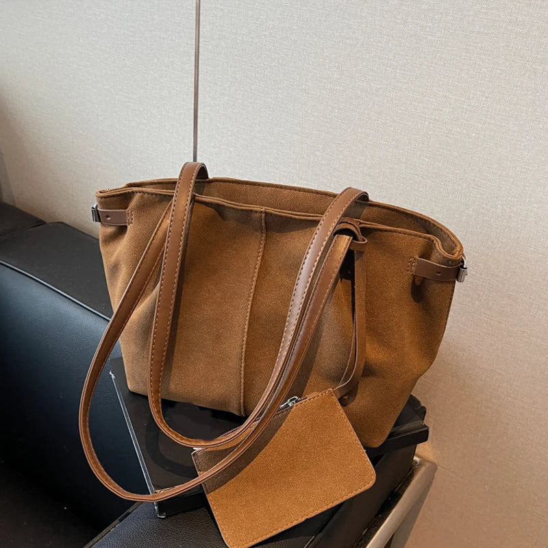 Suede Shoulder Bags for Women Large Capacity Totes Lightweight Underarm Bag Casual Shopper Handbag Solid Color Travel Bucket Bag