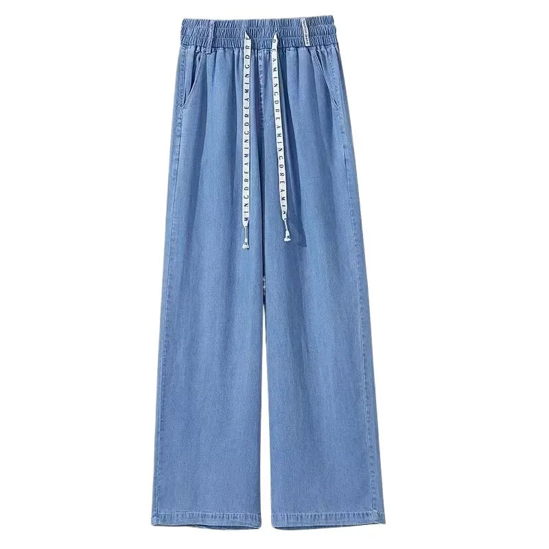 High Waist Straight Leg Tencel Denim Jeans Ice Silk Casual Summer Thin Wide Leg Pants Women's Fashion Comfortable Fit Jeans