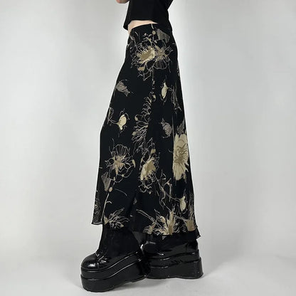 Goth Dark Y2K Aestheics Double Layer Mesh A-line Skirt Women Fashion Florals Print Slim Skirts Fairy Streetwear Gothic Bottoms