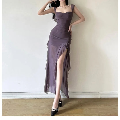 SylCue Ruched Ruffle Elegant Dress Women Sexy Off Shoulder Backless Mesh See Through Splits Hem Midnight Prom Party Long Bodycon