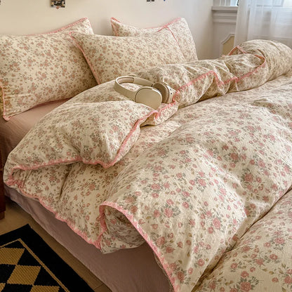 Skin-Friendly Double-Layer Yarn Bedding Set New Country Floral Soft Comforter Sets 100% Cotton Fitted Sheet Kit with Quilt Cover